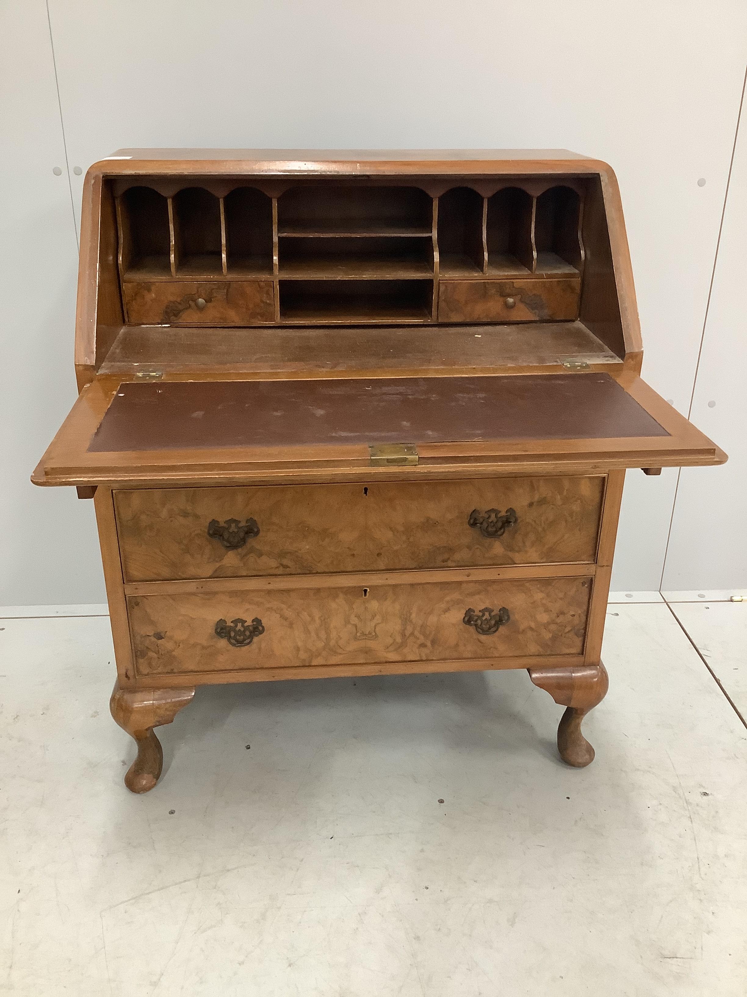 A Queen Anne Revival burr walnut bureau, width 76cm, depth 43cm, height 96cm